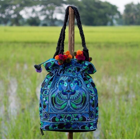 Embroidered pom pom Blue and Green Tote Bag - Picture 9 of 10